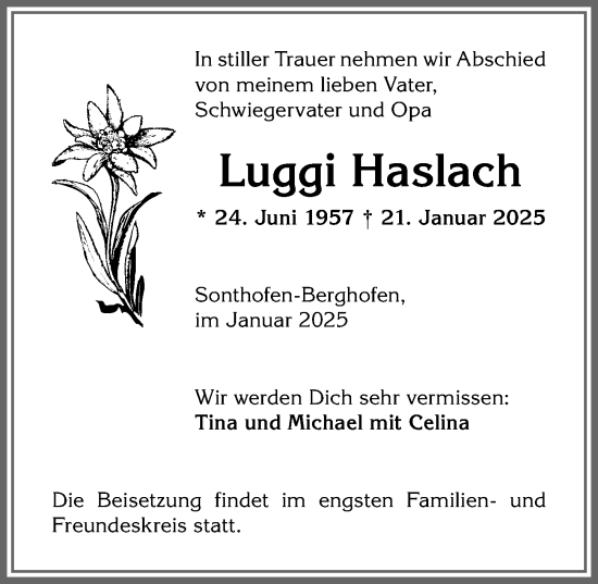 Traueranzeige von Luggi Haslach von Allgäuer Anzeigeblatt