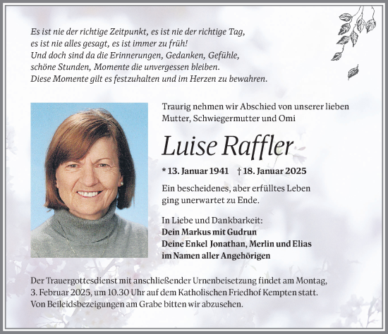Traueranzeige von Luise Raffler von Allgäuer Zeitung,Kempten