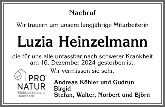 Traueranzeige von Luzia Heinzelmann von Allgäuer Zeitung,Kempten