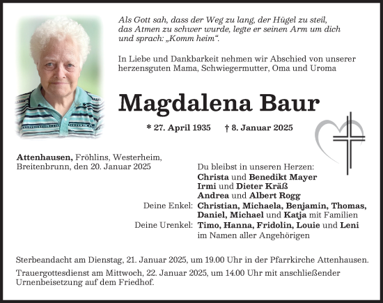 Traueranzeige von Magdalena Baur von Memminger Zeitung