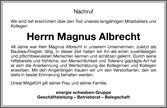 Traueranzeige von Magnus Albrecht von Allgäuer Zeitung,Kempten