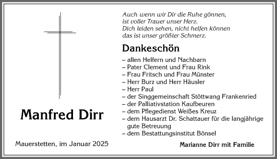 Traueranzeige von Manfred Dirr von Allgäuer Zeitung, Kaufbeuren/Buchloe