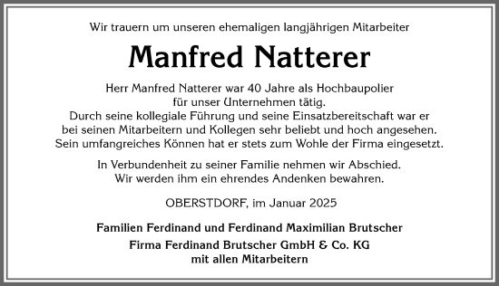 Traueranzeige von Manfred Natterer von Allgäuer Anzeigeblatt