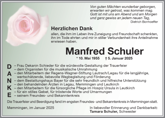 Traueranzeige von Manfred Schuler von Memminger Zeitung