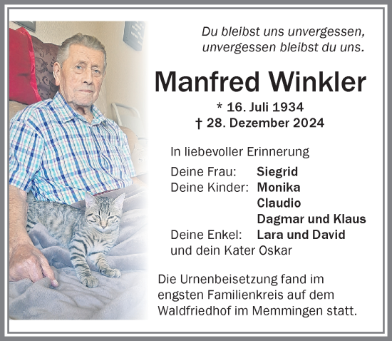 Traueranzeige von Manfred Winkler von Memminger Zeitung