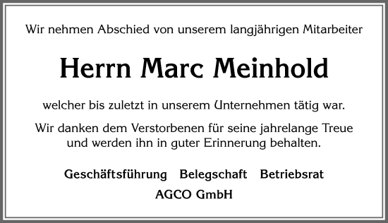 Traueranzeige von Marc Meinhold von Allgäuer Zeitung, Marktoberdorf
