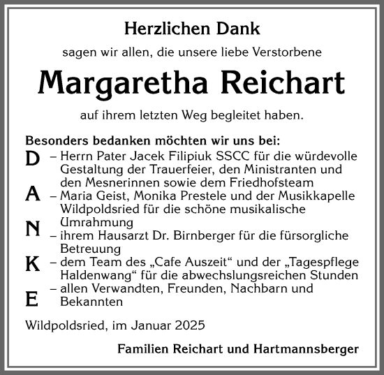 Traueranzeige von Margaretha Reichart von Allgäuer Zeitung,Kempten