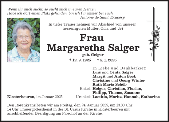 Traueranzeige von Margaretha Salger von Augsburger Allgemeine, Illertisser Zeitung