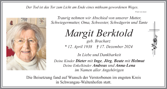 Traueranzeige von Margit Berktold von Allgäuer Zeitung, Füssen