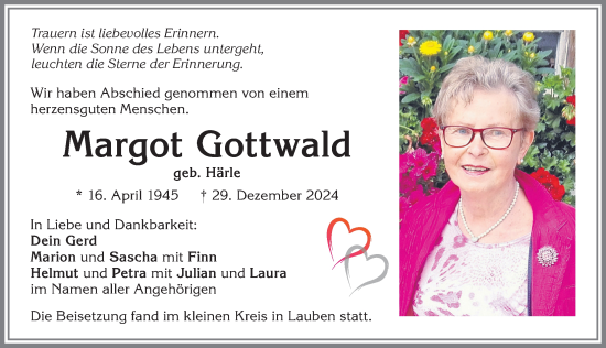 Traueranzeige von Margot Gottwald von Allgäuer Zeitung,Kempten