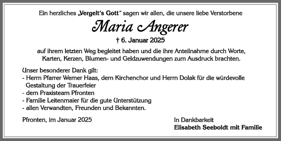 Traueranzeige von Maria Angerer von Allgäuer Zeitung, Füssen