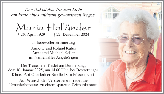 Traueranzeige von Maria Holländer von Augsburger Allgemeine