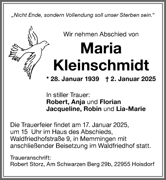 Traueranzeige von Maria Kleinschmidt von Memminger Zeitung