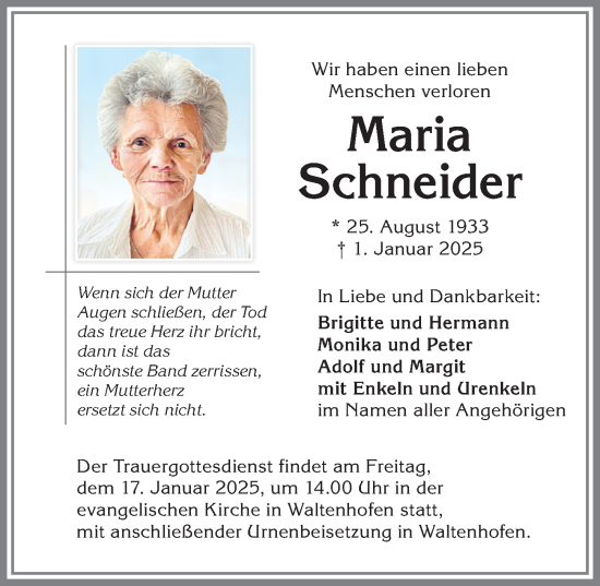 Traueranzeige von Maria Schneider von Allgäuer Zeitung,Kempten