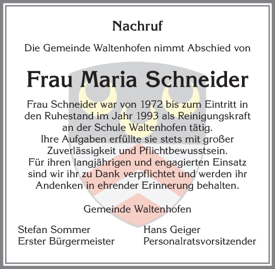 Traueranzeige von Maria Schneider von Allgäuer Zeitung,Kempten