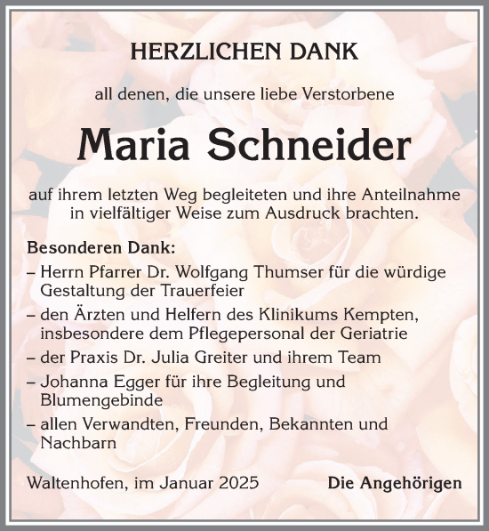Traueranzeige von Maria Schneider von Allgäuer Zeitung,Kempten