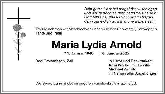 Traueranzeige von Maria Lydia Arnold von Memminger Zeitung