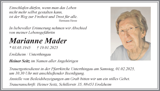 Traueranzeige von Marianne Mader von Allgäuer Zeitung, Marktoberdorf