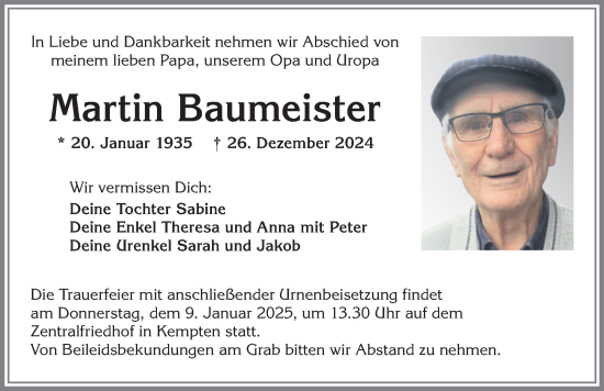 Traueranzeige von Martin Baumeister von Allgäuer Zeitung,Kempten