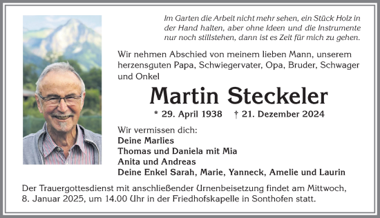 Traueranzeige von Martin Steckeler von Allgäuer Anzeigeblatt