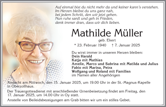 Traueranzeige von Mathilde Müller von Allgäuer Zeitung,Kempten