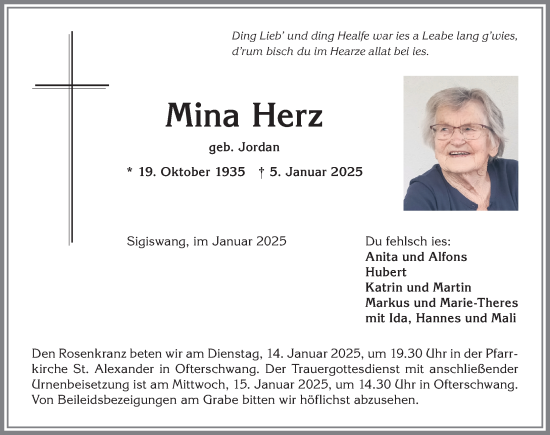 Traueranzeige von Mina Herz von Allgäuer Anzeigeblatt