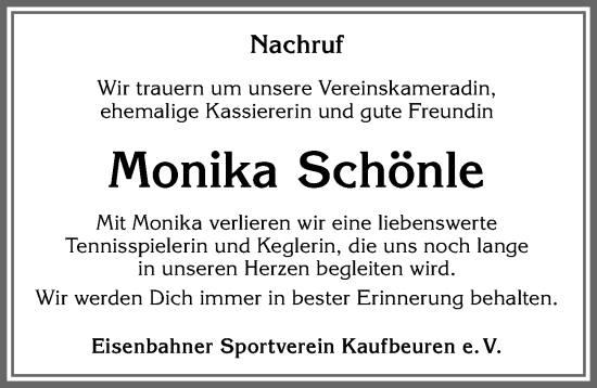 Traueranzeige von Monika Schönle von Allgäuer Zeitung, Kaufbeuren/Buchloe
