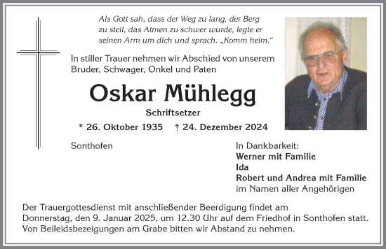 Traueranzeige von Oskar Mühlegg von Allgäuer Anzeigeblatt