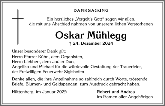 Traueranzeige von Oskar Mühlegg von Allgäuer Anzeigeblatt