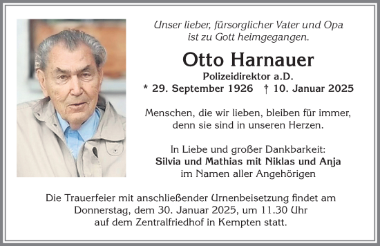 Traueranzeige von Otto Harnauer von Allgäuer Zeitung,Kempten