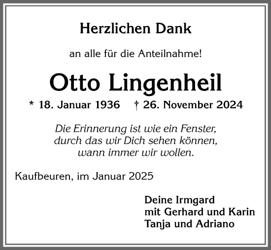 Traueranzeige von Otto Lingenheil von Allgäuer Zeitung, Kaufbeuren/Buchloe