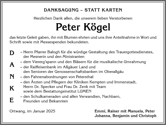 Traueranzeige von Peter Kögel von Allgäuer Zeitung,Kempten