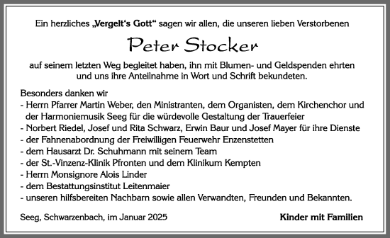 Traueranzeige von Peter Stocker von Allgäuer Zeitung, Füssen