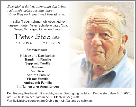 Traueranzeige von Peter Stocker von Allgäuer Zeitung, Füssen