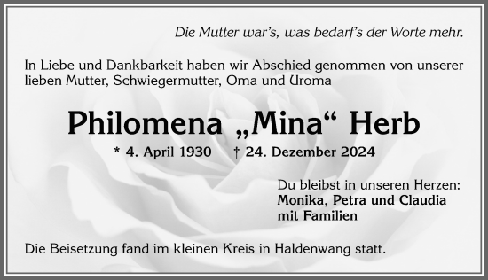 Traueranzeige von Philomena Herb von Allgäuer Zeitung,Kempten