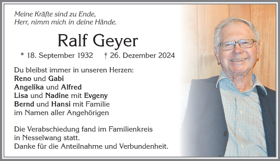 Traueranzeige von Ralf Geyer von Allgäuer Zeitung, Füssen