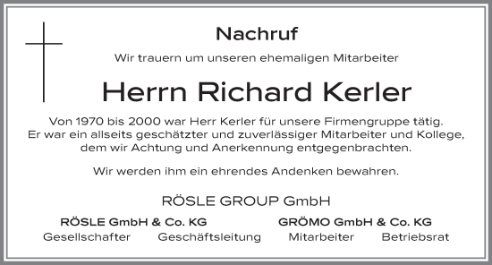 Traueranzeige von Richard Kerler von Allgäuer Zeitung, Marktoberdorf