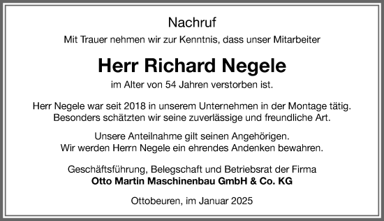 Traueranzeige von Richard Negele von Memminger Zeitung