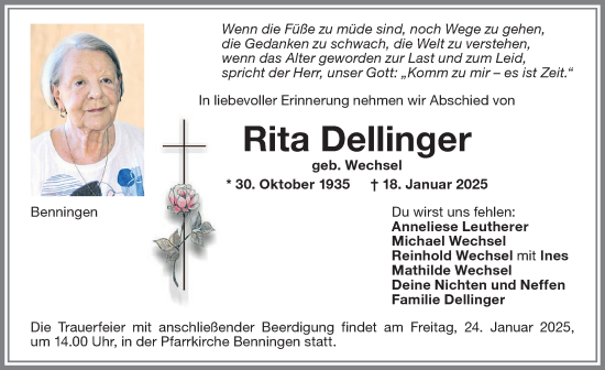 Traueranzeige von Rita Dellinger von Memminger Zeitung