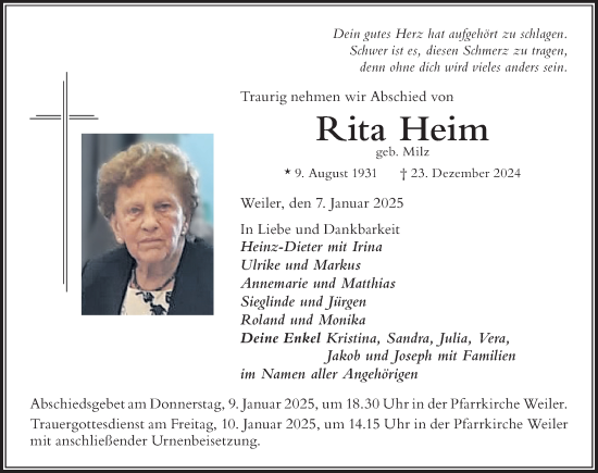 Traueranzeige von Rita Heim von Der Westallgäuer