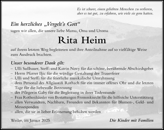 Traueranzeige von Rita Heim von Der Westallgäuer