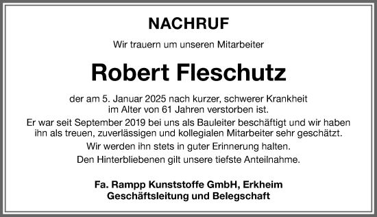 Traueranzeige von Robert Fleschutz von Memminger Zeitung