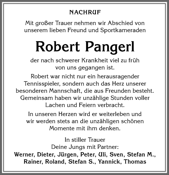Traueranzeige von Robert Pangerl von Allgäuer Zeitung, Kaufbeuren/Buchloe
