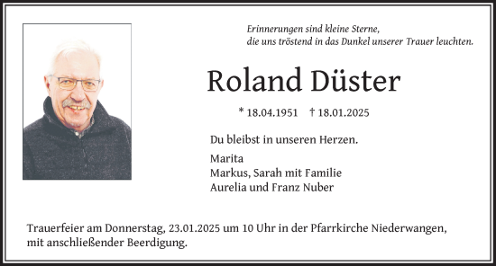 Traueranzeige von Roland Düster von Der Westallgäuer