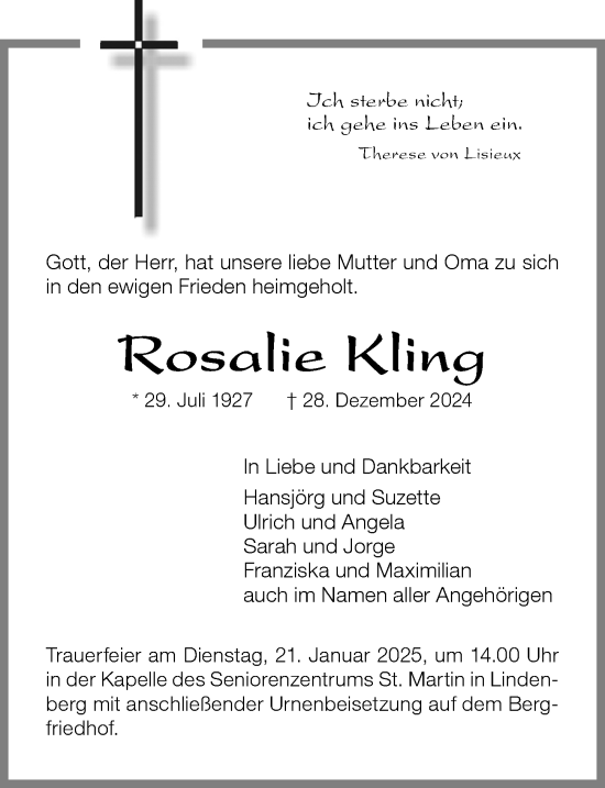 Traueranzeige von Rosalie Kling von Der Westallgäuer
