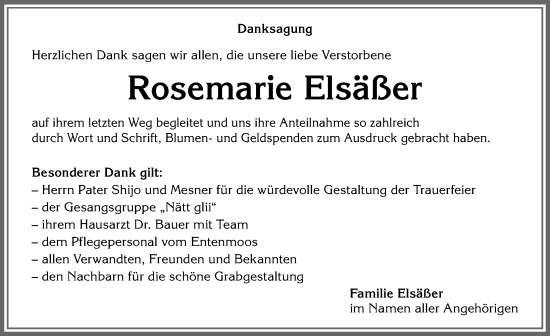 Traueranzeige von Rosemarie Elsäßer von Allgäuer Anzeigeblatt
