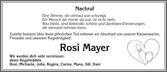 Traueranzeige von Rosi Mayer von Allgäuer Zeitung, Kaufbeuren/Buchloe