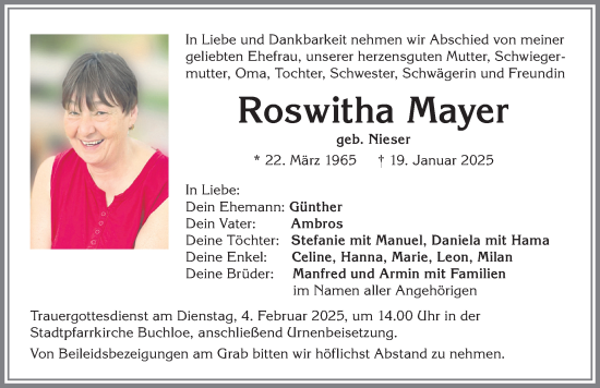 Traueranzeige von Roswitha Mayer von Allgäuer Zeitung, Kaufbeuren/Buchloe