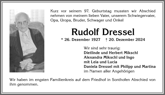 Traueranzeige von Rudolf Dressel von Allgäuer Anzeigeblatt