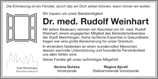 Traueranzeige von Rudolf Weinhart von Memminger Zeitung